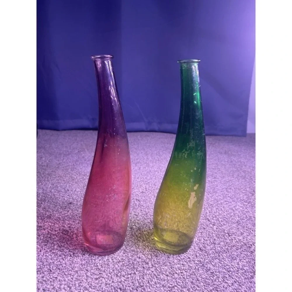 PAIR 2pc Long Flute Glass Vases Pink Green Craft Birthday Spring Colorful Tinted